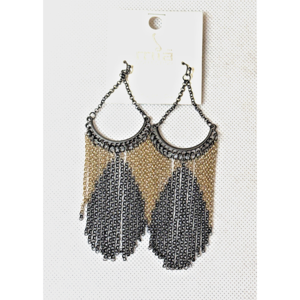 Mia Collection Earrings Metal Fringe Black Gold Wire Drop